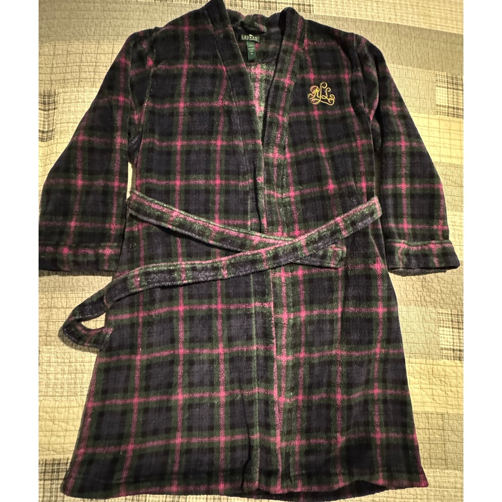 Lauren Ralph Lauren Plaid Fleece Robe Shawl Collar Tie Waist XL